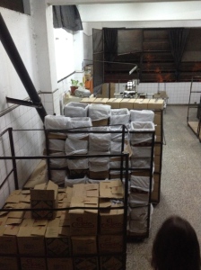 Boxes of breadsticks on the way upstairs to the dance studio at the Grissinopoli Breadstick Factory in Chacarita 